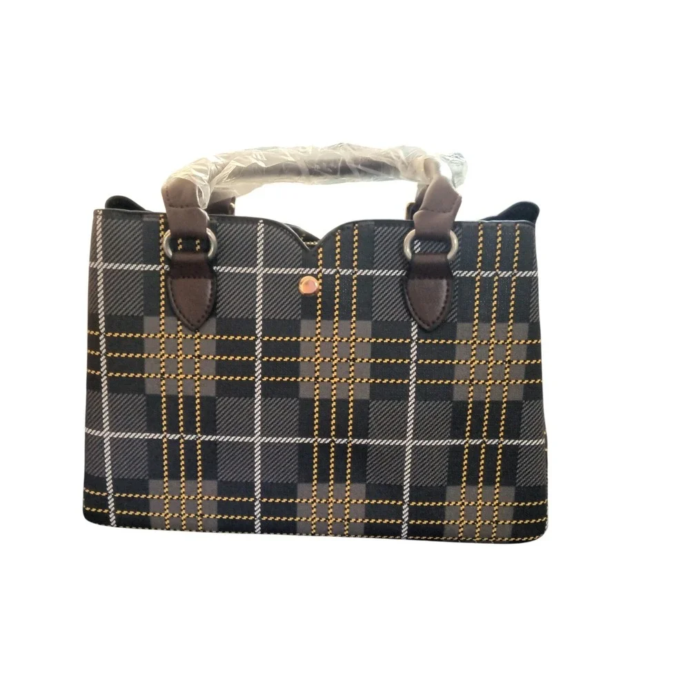 Plaid Satchel Handbag‎ Grey Black Yellow Triple Compartment Crossbody